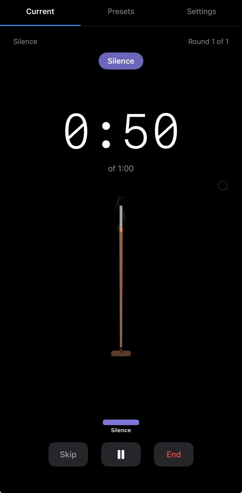Metta Timer — incense timer showing One Minute Silence session